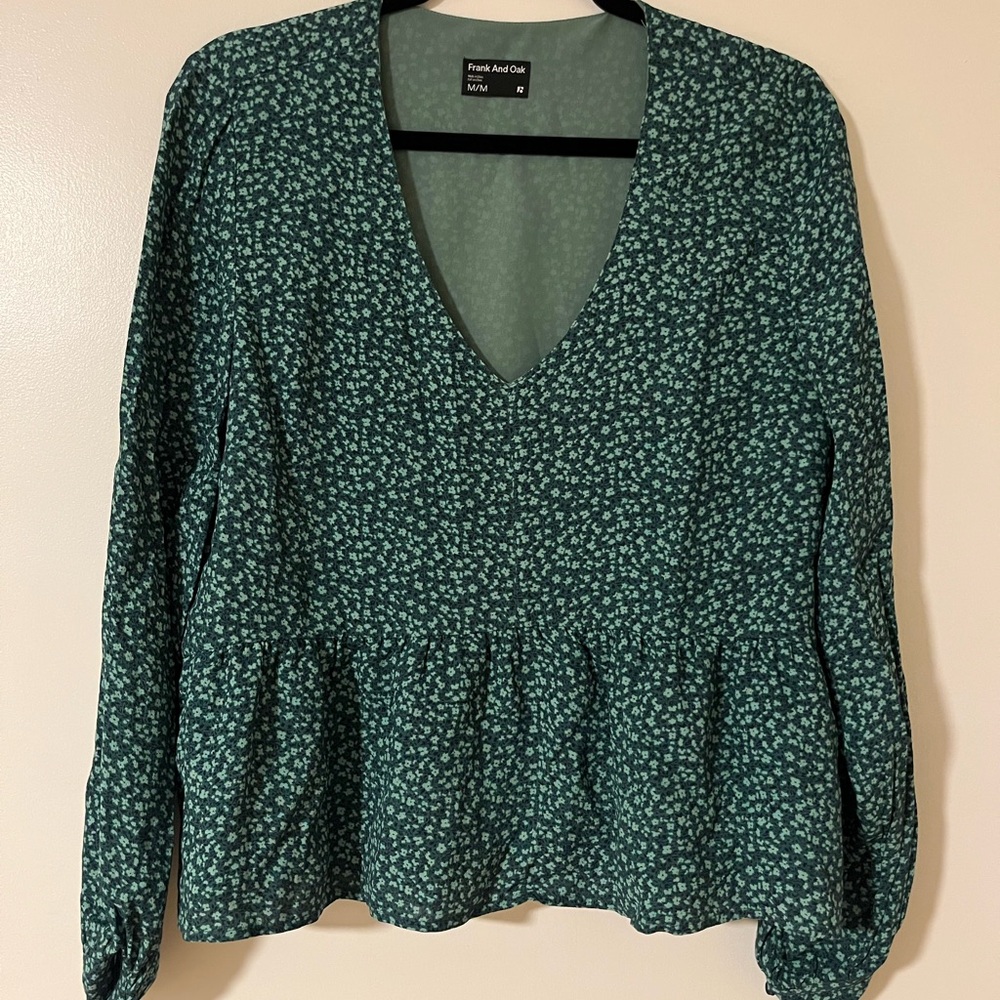 Frank & Oak Green Peplum Long Sleeve Blouse